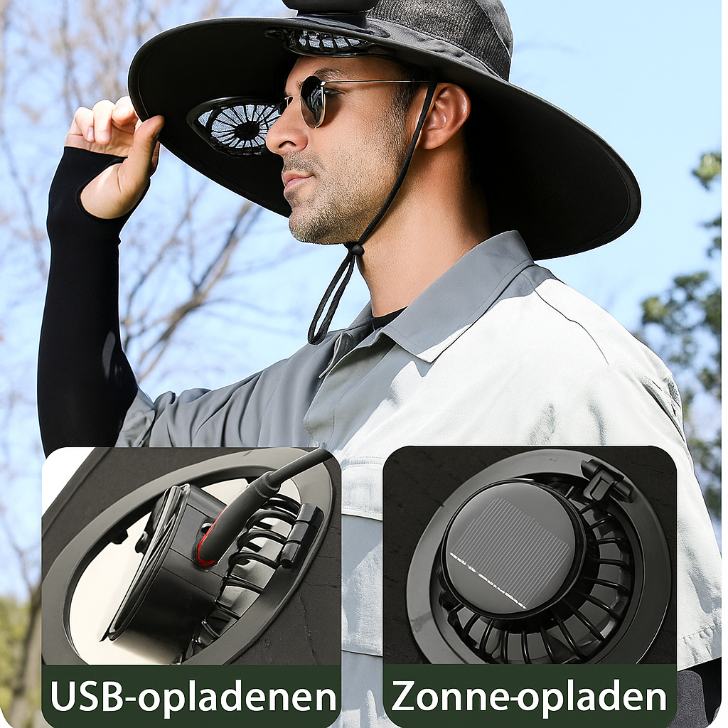 Breiter Outdoor-Sonnenhut mit integriertem Ventilator