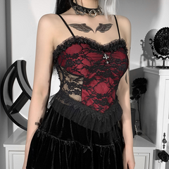 Transparentes, sexy Spitzen-Mesh-Camisole für Damen im dunklen Stil mit rückenfreiem Reißverschluss und Punk-Korsett-Tops