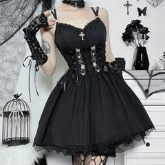 Elegantes Temperament Spitzenkleid Sexy Strapskleid Schwarze Taille Geraffter Kurzer Rock