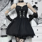 Elegantes Temperament Spitzenkleid Sexy Strapskleid Schwarze Taille Geraffter Kurzer Rock
