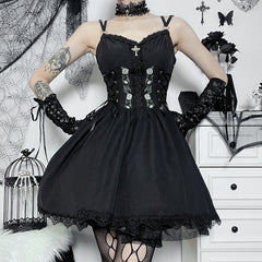 Elegantes Temperament Spitzenkleid Sexy Strapskleid Schwarze Taille Geraffter Kurzer Rock