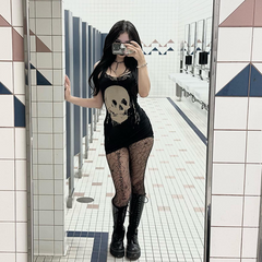 Dark Style Personalisierter Spicy Girl Kurzer Rock mit Hosenträgerrock im Totenkopf-Print