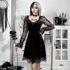 Dark Hip-Hop Lace Fashion Dress with Chest Highlighting Horn Long Sleeved Skirt 