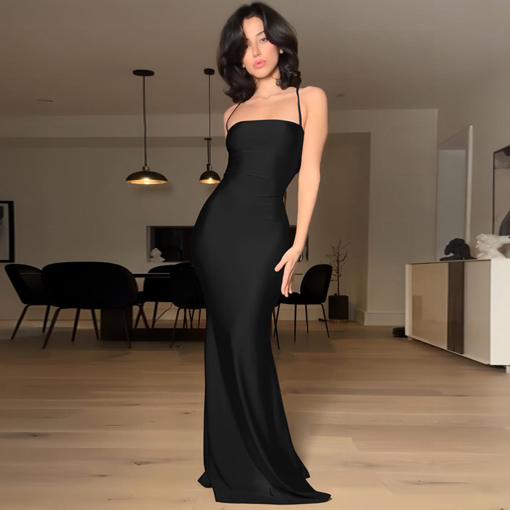 Modisches Satin-Hosenträgerkleid mit hoher Taille für Damen, sexy, elegantes, figurbetontes Outfit, Abendkleid 