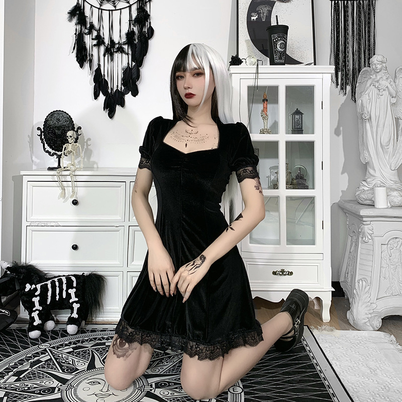 Suede Square Neck Lace Edge Bubble Sleeve Dress New Solid Color Short Skirt