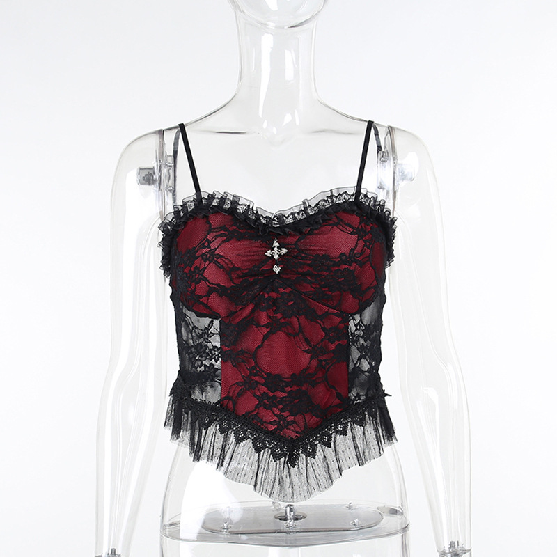 Transparentes, sexy Spitzen-Mesh-Camisole für Damen im dunklen Stil mit rückenfreiem Reißverschluss und Punk-Korsett-Tops 