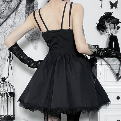Elegantes Temperament Spitzenkleid Sexy Strapskleid Schwarze Taille Geraffter Kurzer Rock 