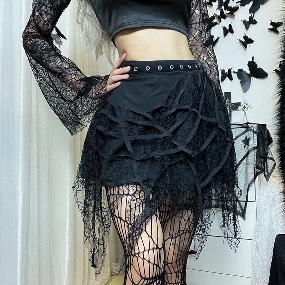 Halloween Dark Style Reißverschluss Spitze Kurzer Halbrock Punk Trend Frauen Sexy Kurze Röcke