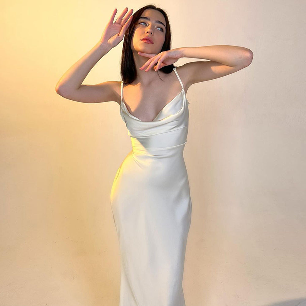 Modisches Satin-Hosenträgerkleid mit hoher Taille für Damen, sexy, elegantes, figurbetontes Outfit, Abendkleid 