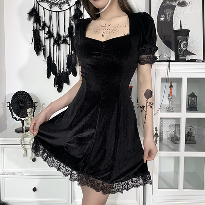 Suede Square Neck Lace Edge Bubble Sleeve Dress New Solid Color Short Skirt