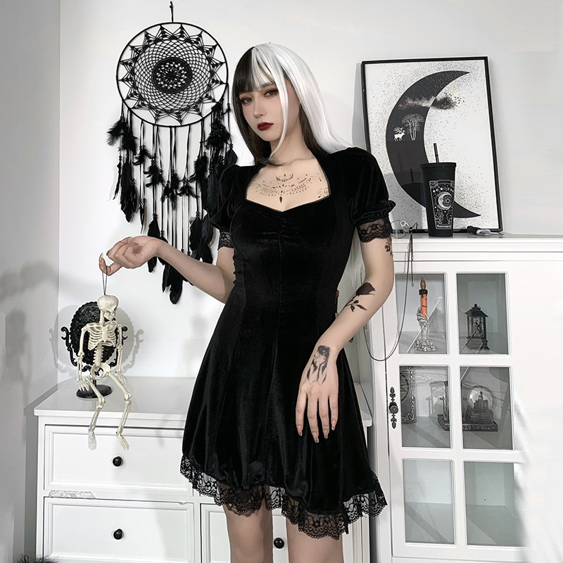 Dunkles Punkkleid im Halloween-Stil, sexy Partykleid mit Spitzendruck, Cosplay, Streetwear, Y2K-Rock 