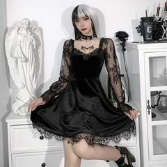 Dark Hip-Hop Lace Fashion Dress with Chest Highlighting Horn Long Sleeved Skirt 