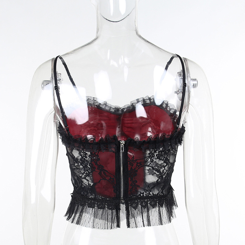 Transparentes, sexy Spitzen-Mesh-Camisole für Damen im dunklen Stil mit rückenfreiem Reißverschluss und Punk-Korsett-Tops 