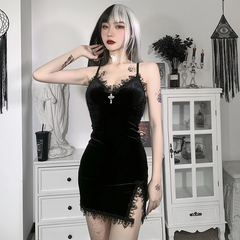 Dunkles Punkkleid im Halloween-Stil, sexy Partykleid mit Spitzendruck, Cosplay, Streetwear, Y2K-Rock 
