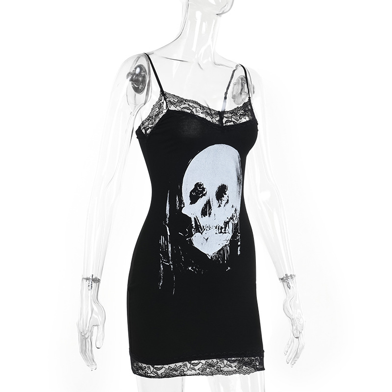 Dark Style Personalisierter Spicy Girl Kurzer Rock mit Hosenträgerrock im Totenkopf-Print 