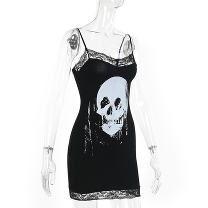 Dark Style Personalisierter Spicy Girl Kurzer Rock mit Hosenträgerrock im Totenkopf-Print 