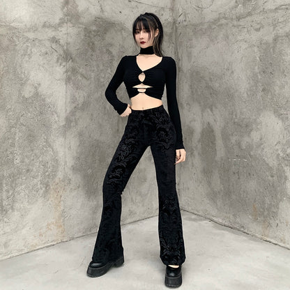 Dark Fashion Temperament Schlaghose Damen Wildleder geprägte Freizeithose 