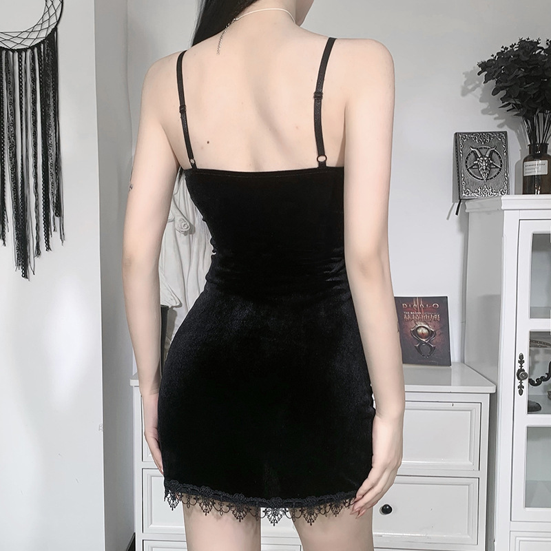 Dunkles Punkkleid im Halloween-Stil, sexy Partykleid mit Spitzendruck, Cosplay, Streetwear, Y2K-Rock 