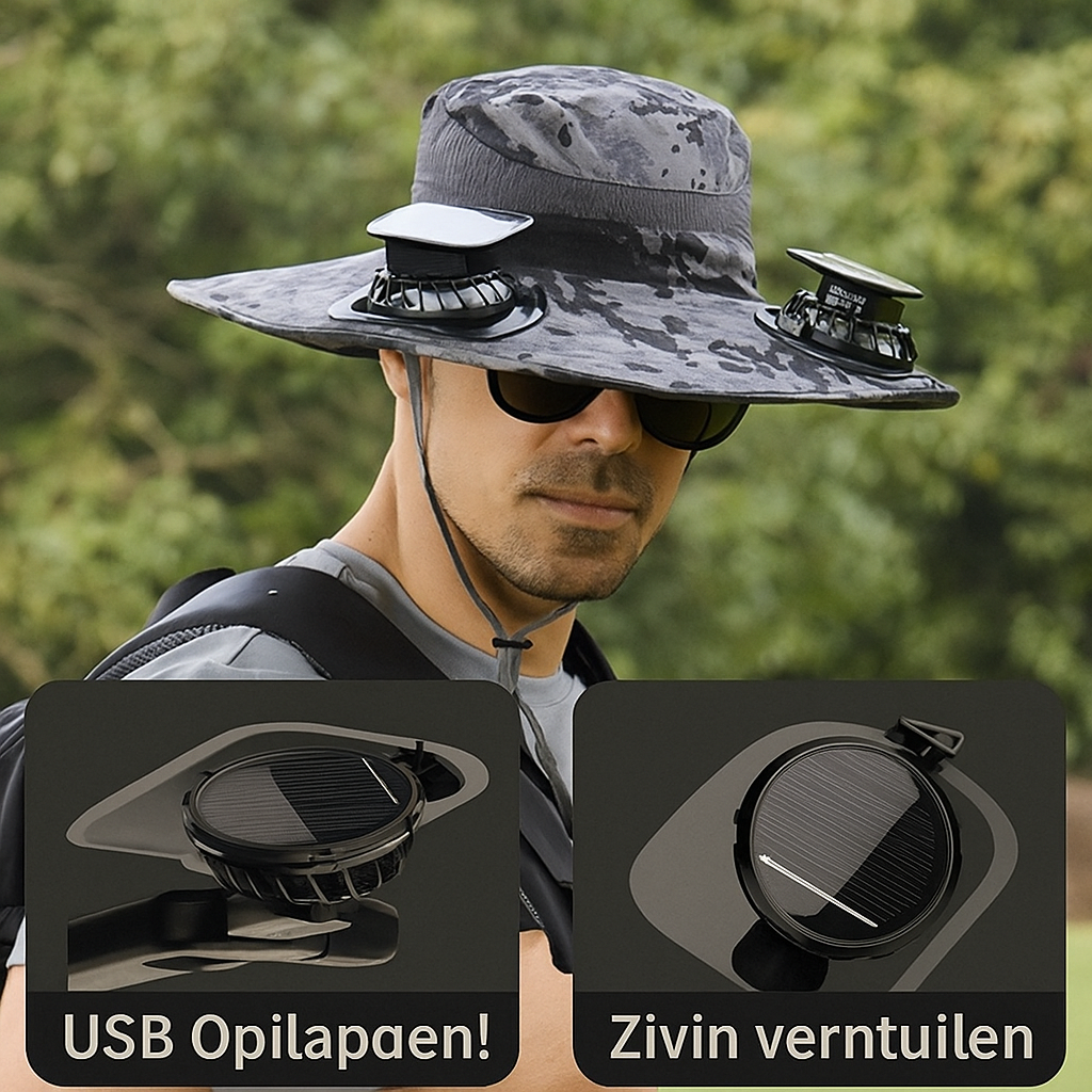 Breiter Outdoor-Sonnenhut mit integriertem Ventilator 