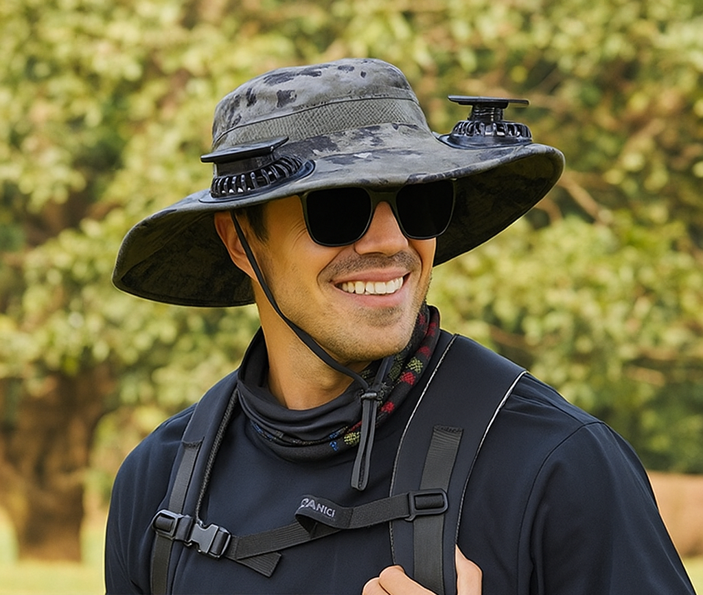 Breiter Outdoor-Sonnenhut mit integriertem Ventilator 