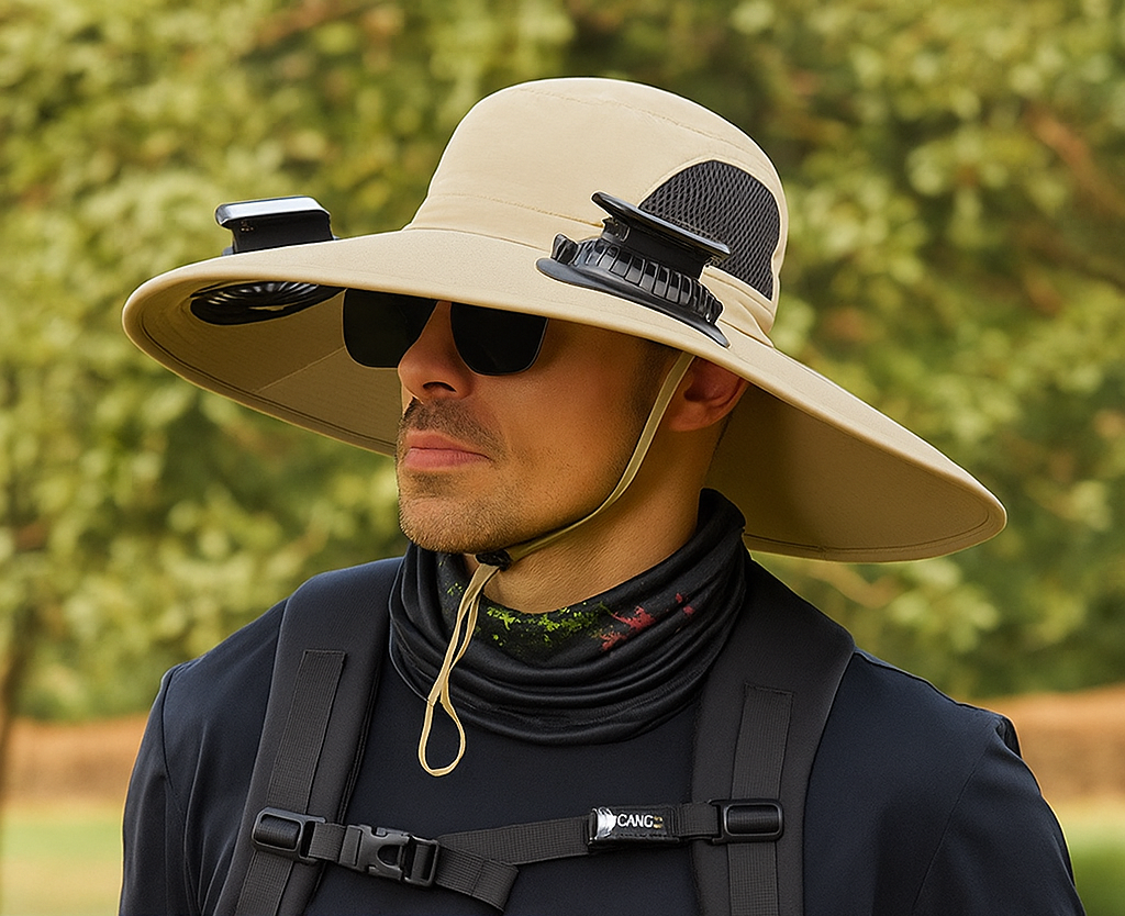 Breiter Outdoor-Sonnenhut mit integriertem Ventilator 