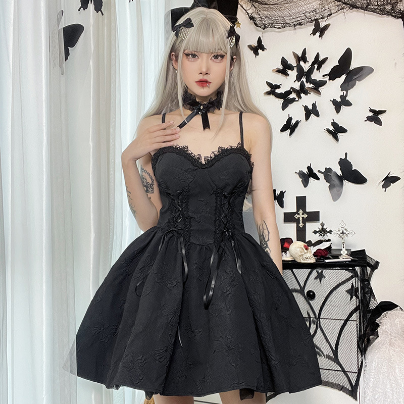 Dunkles Punkkleid im Halloween-Stil, sexy Partykleid mit Spitzendruck, Cosplay, Streetwear, Y2K-Rock 