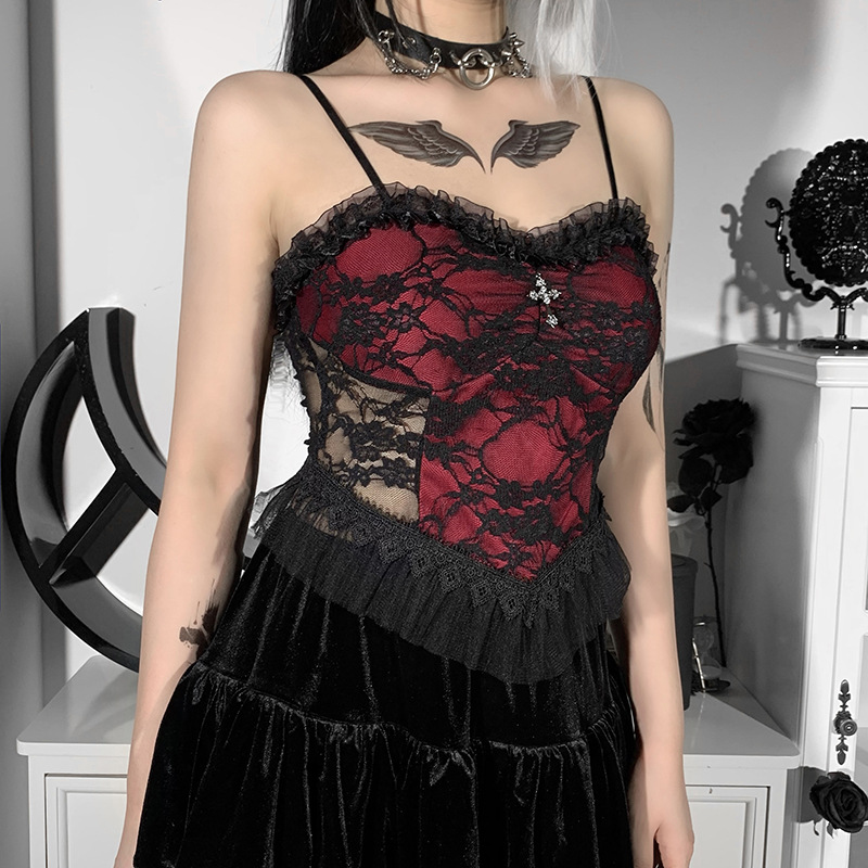 Transparentes, sexy Spitzen-Mesh-Camisole für Damen im dunklen Stil mit rückenfreiem Reißverschluss und Punk-Korsett-Tops 
