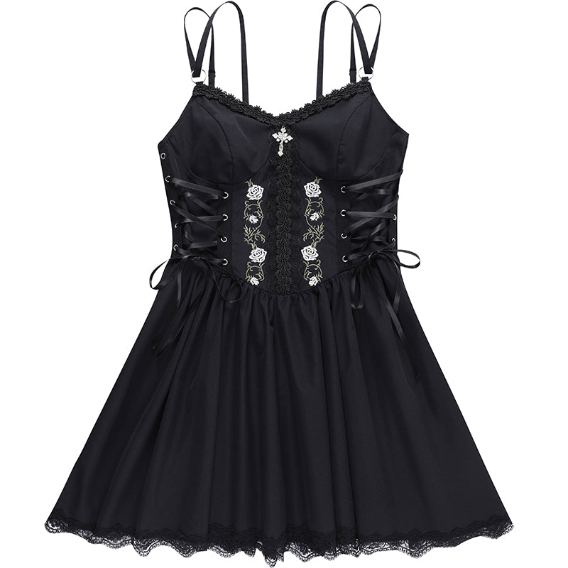 Elegantes Temperament Spitzenkleid Sexy Strapskleid Schwarze Taille Geraffter Kurzer Rock 