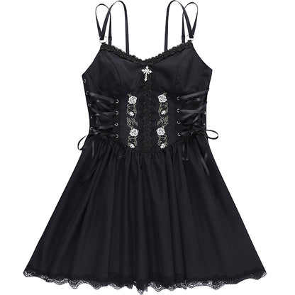 Elegantes Temperament Spitzenkleid Sexy Strapskleid Schwarze Taille Geraffter Kurzer Rock 