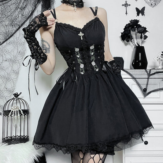 Elegantes Temperament Spitzenkleid Sexy Strapskleid Schwarze Taille Geraffter Kurzer Rock 