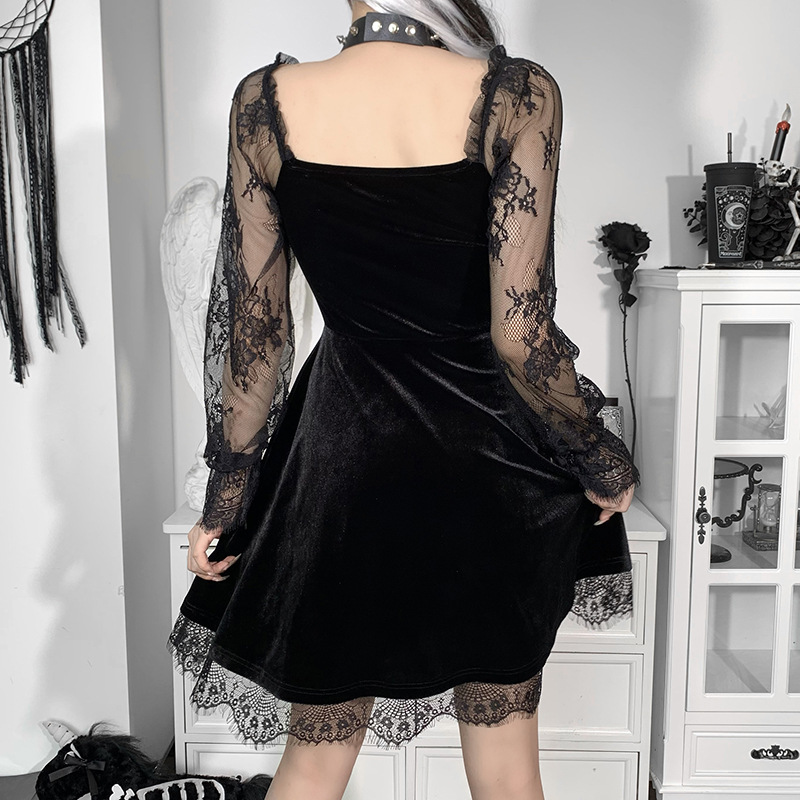 Dark Hip-Hop Lace Fashion Dress with Chest Highlighting Horn Long Sleeved Skirt 