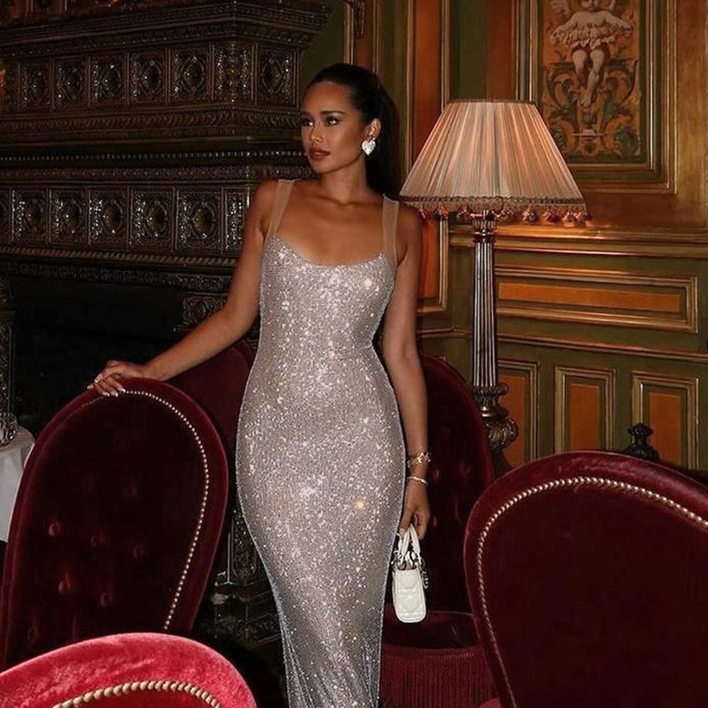 Blingbling Elegantes Camisole Abendkleid Sexy Slim Fit Langer Rock 