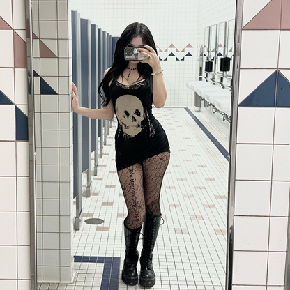 Dark Style Personalisierter Spicy Girl Kurzer Rock mit Hosenträgerrock im Totenkopf-Print 